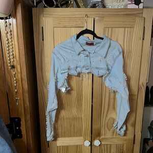 Distressed Light Blue Cropped Denim Jacket